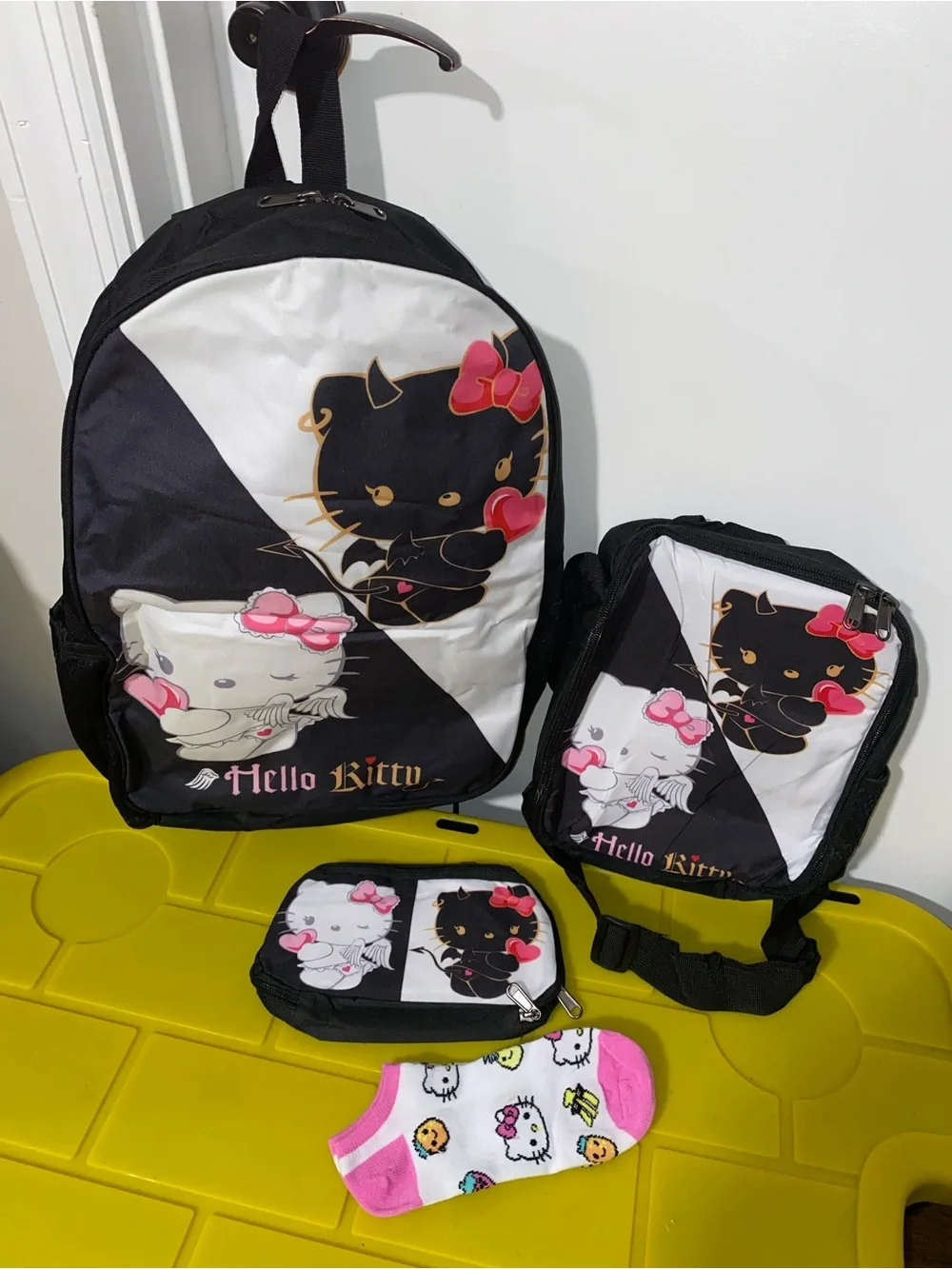 Hello Kitty Black & White Backpack and Bag Set with Pink Accents